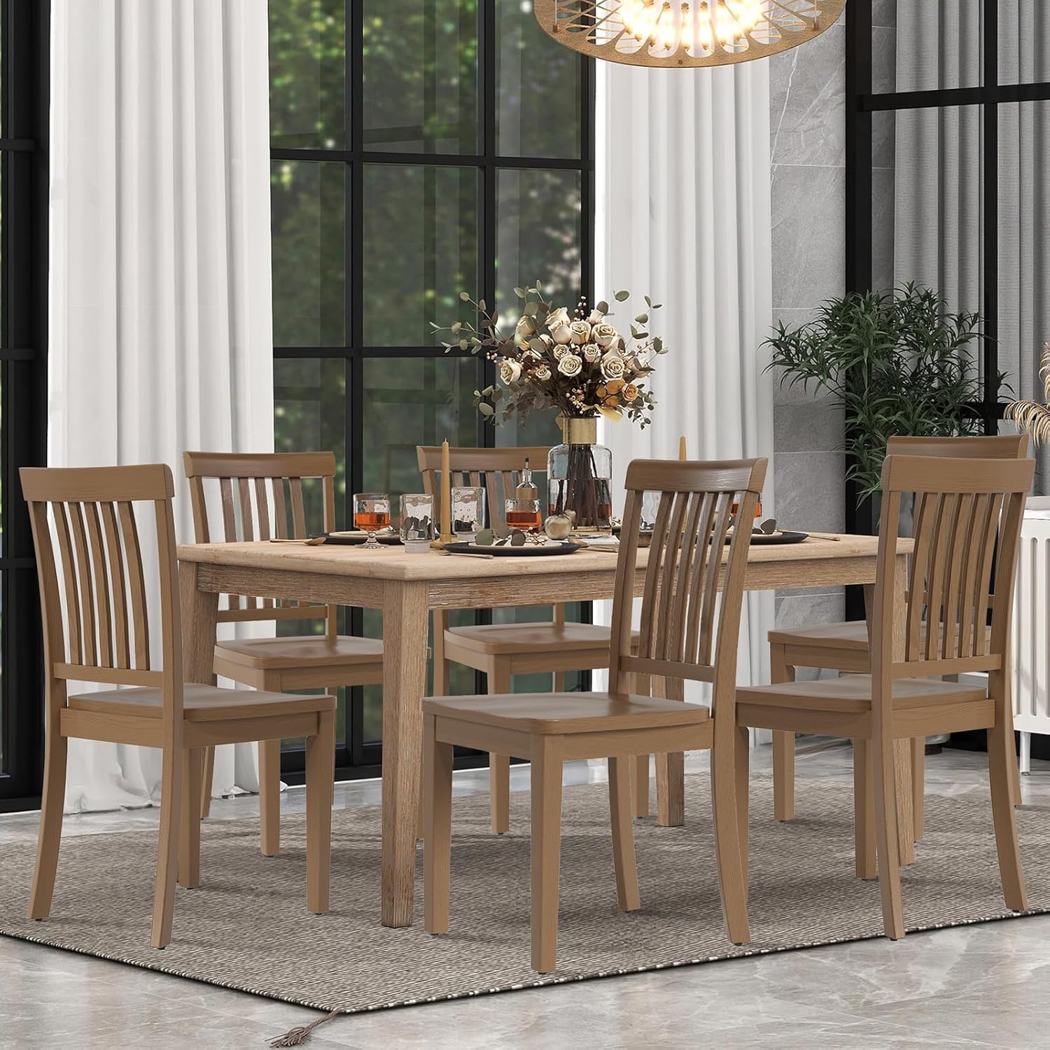 COLAMY Wooden Dining Chairs Set of 4, Solid Rubberwood Kitchen & Dining Room Chairs, Farmhouse Rustic Side Chairs for Dining Table, Anti-Slip Protection, Classic Windsor Style Seating, Oak Light Brown