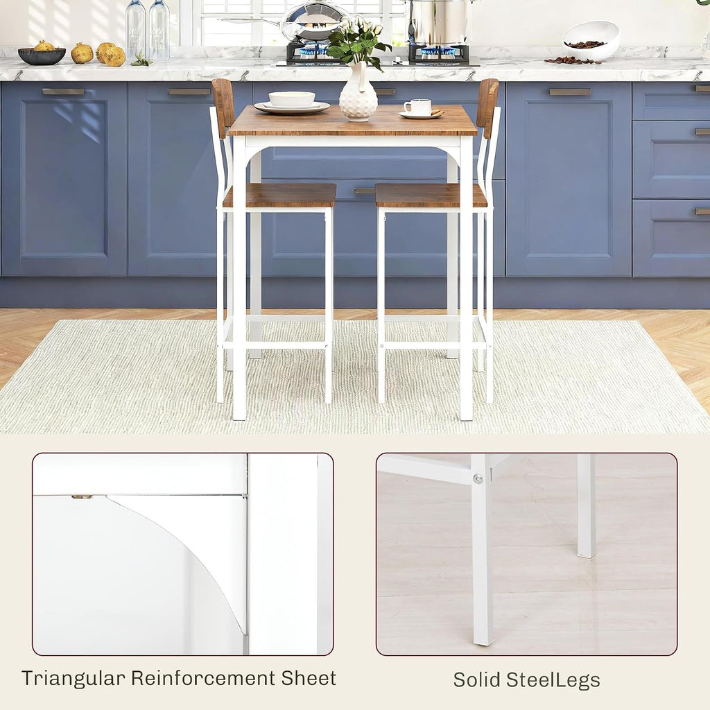 HOMCOM 3-Piece Counter Height Bar Table with Space-Saving Design, Square Kitchen Table and Chairs Set with Footrest, Metal Legs, Industrial Dining Table Set for 2, Walnut and White