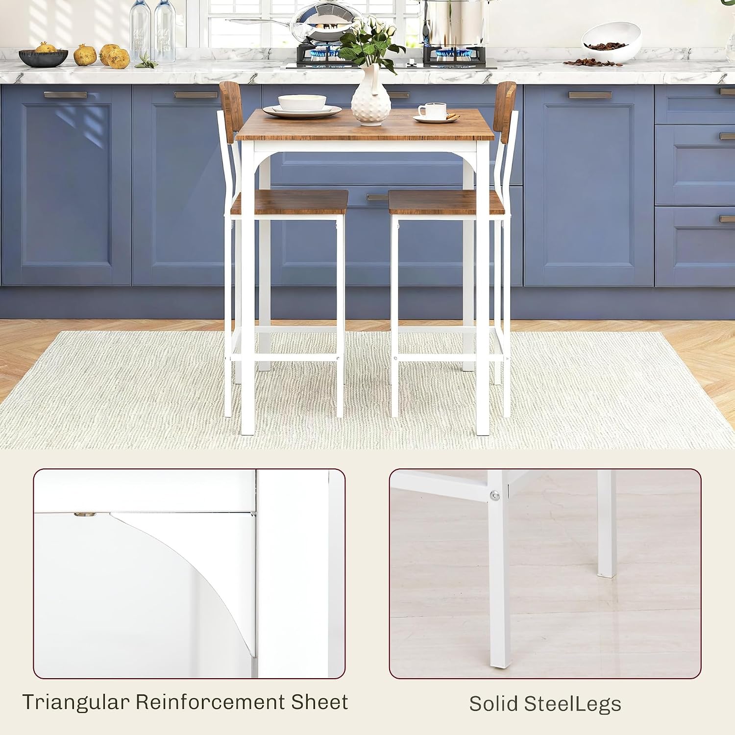 HOMCOM 3-Piece Counter Height Bar Table with Space-Saving Design, Square Kitchen Table and Chairs Set with Footrest, Metal Legs, Industrial Dining Table Set for 2, Walnut and White