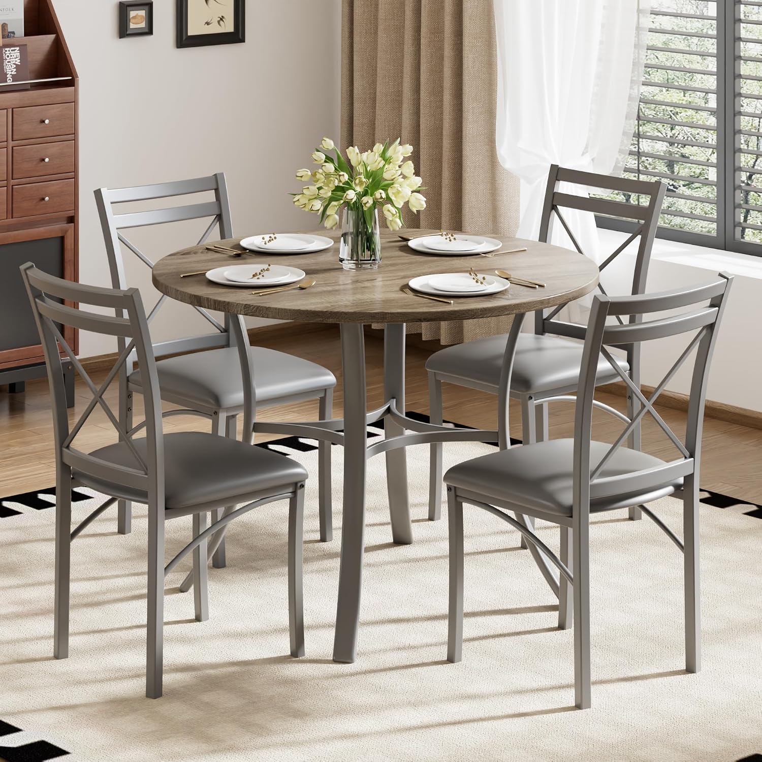 VECELO 5 Piece Dining Table Set for 4 with Chairs, Wood Grain Tabletop, Small Space, Kitchen, Breakfast Nook, Grey