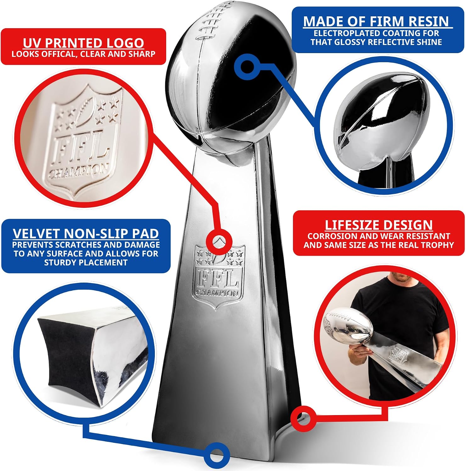Spire Designs Lifesize Fantasy Football Trophy - Chrome Replica Championship Trophy - First Place Winner Award for League - Real Size Football Award
