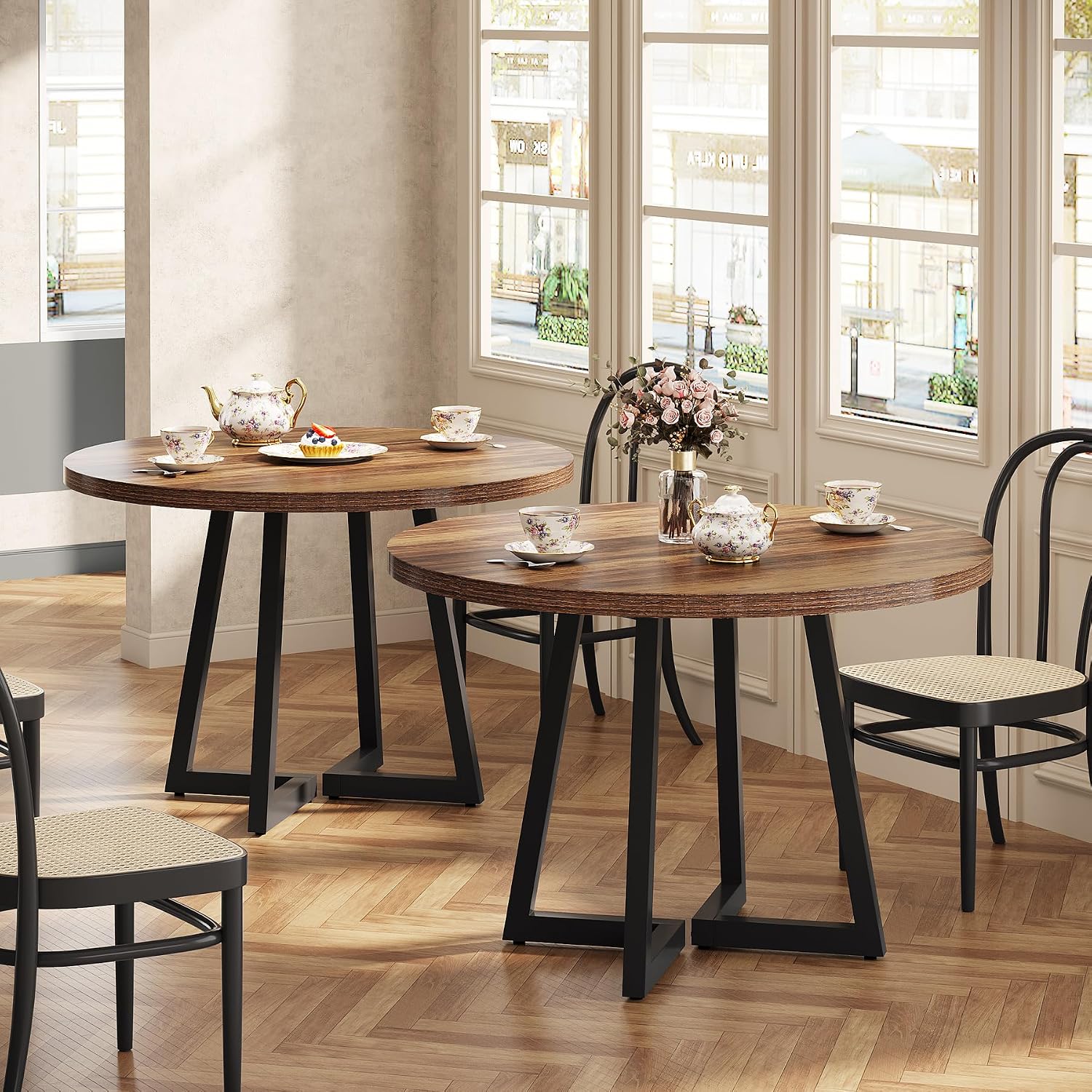 Tribesigns Round Commercial Dining Table Set of 6, 31.5' Heavy Duty Dinner Table with Metal Base, Wooden Kitchen Table for Restaurant, Cafe, Bakery, School, Apartment, Rustic Brown & Black