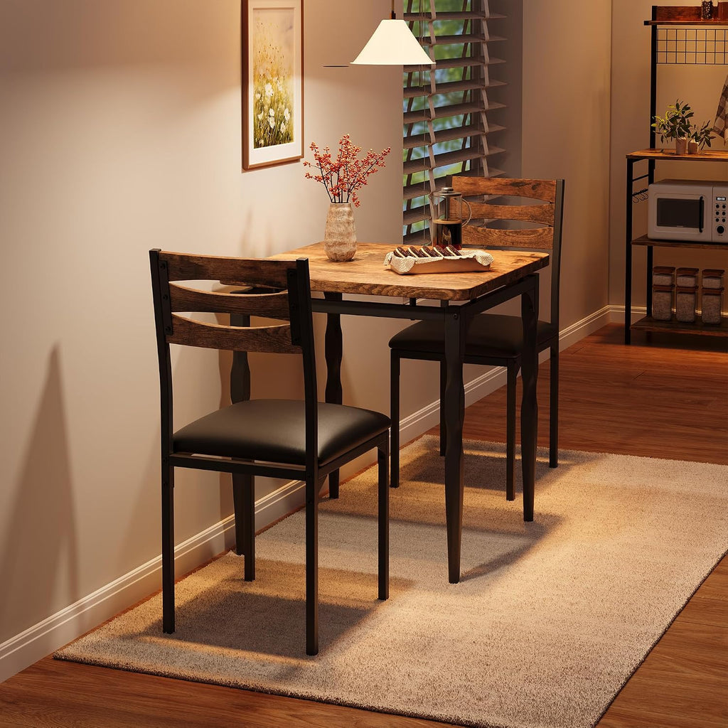 GarveeHome Dining Table Set for 2, Dining Table and Chairs Set of 2, 3 Piece Dining Table Set with Spiral Table Legs for Small Spaces, Kitchen, Apartment, Brown