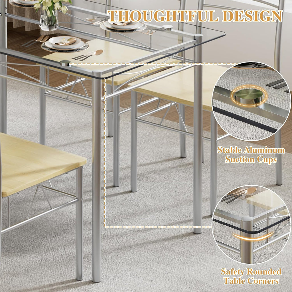 VECELO Dining Table Set for 4, 5-Piece Glass Kitchen Table with Chairs for Small Space, Breakfast Nook, Space-Saving, Silver