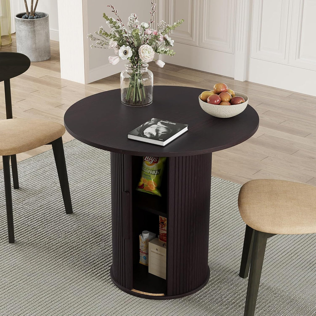 31.5' Round Dining Table for 2-4, Modern Kitchen Table with 2-Tier Storage Shelf, Small Wooden Circle Dining Tables with Fluted Base for Home Dining Room Living Room (Blackened Brown)