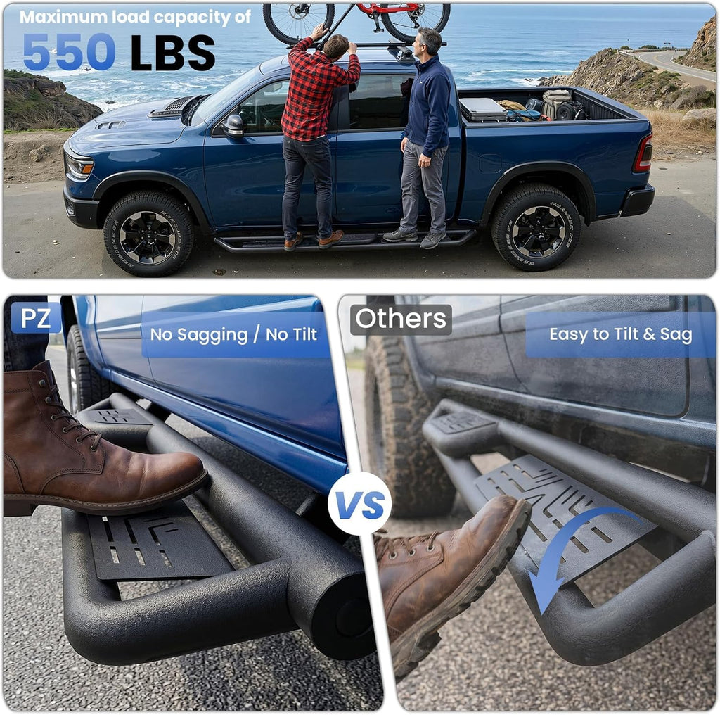 PZ 6' Rustproof Running Boards Side Steps Compatible with Dodge Ram 1500 Quad Cab/Extended Cab 2009-2018, 550 lbs Black Heavy Duty Carbon Steel Step Rails Nerf Bars