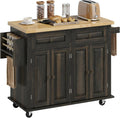 HOMCOM Kitchen Island Cart with Solid Wood Top, 44' Mobile Kitchen Island Table on Wheels with Storage Cabinets, 2 Drawers, Adjustable Shelves, Spice Rack & Towel Bar for Dining Room, Brown Oak