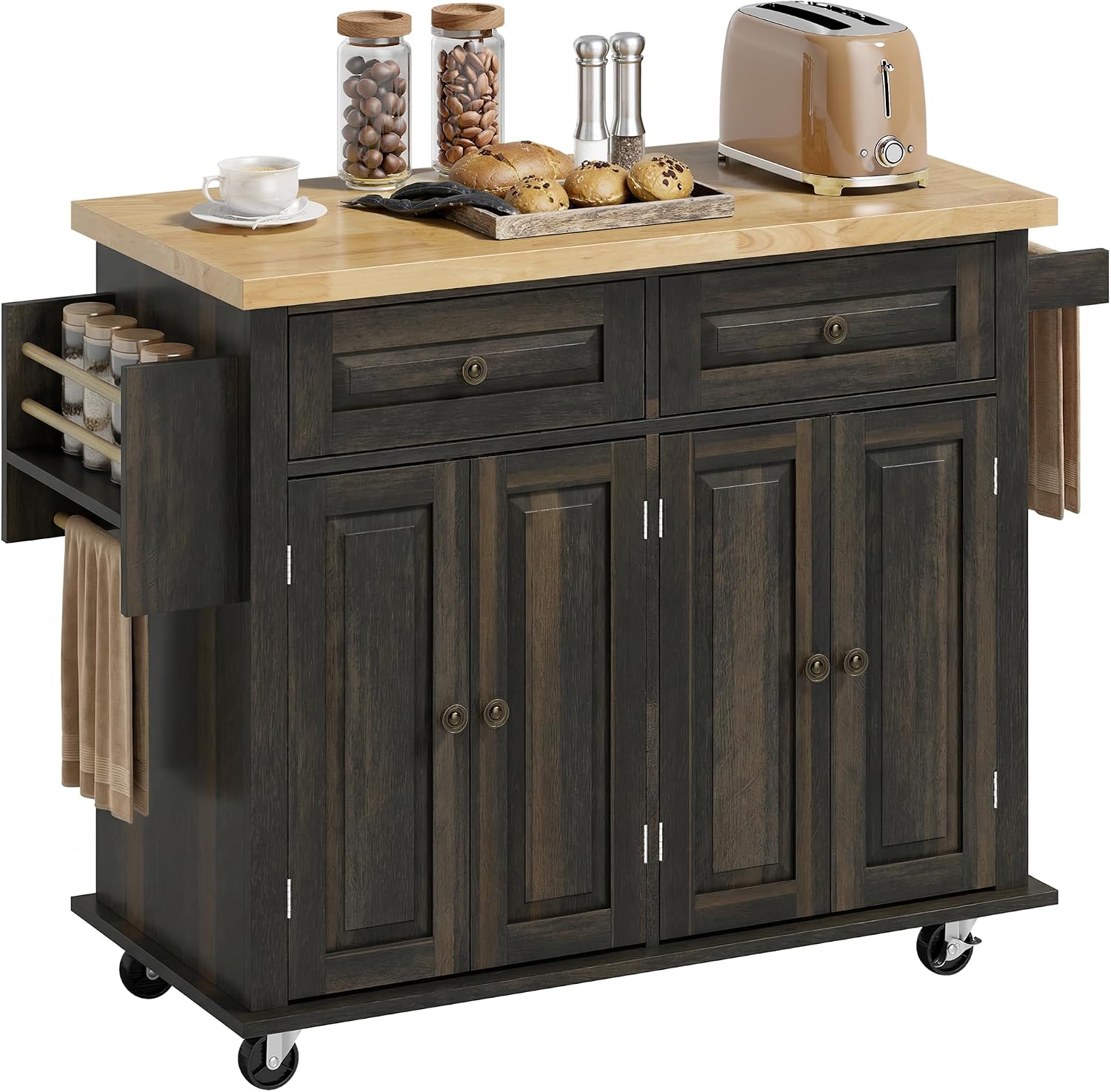HOMCOM Kitchen Island Cart with Solid Wood Top, 44' Mobile Kitchen Island Table on Wheels with Storage Cabinets, 2 Drawers, Adjustable Shelves, Spice Rack & Towel Bar for Dining Room, Brown Oak