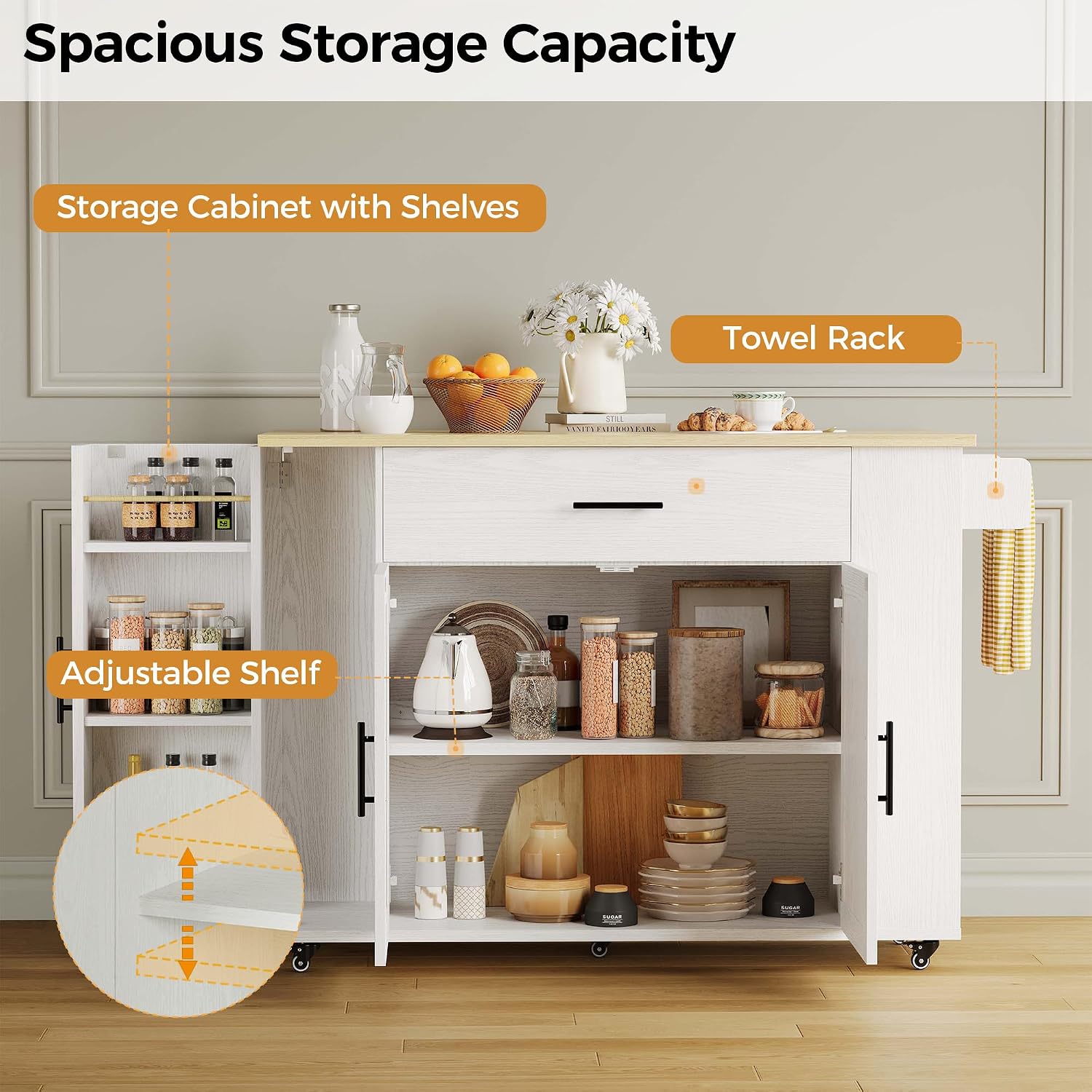 IRONCK Kitchen Island with Storage, 47.2in Rolling Island on Wheels, Kitchen Cart with Drop Leaf, Drawer and Towel Rack for Home, Dining Room