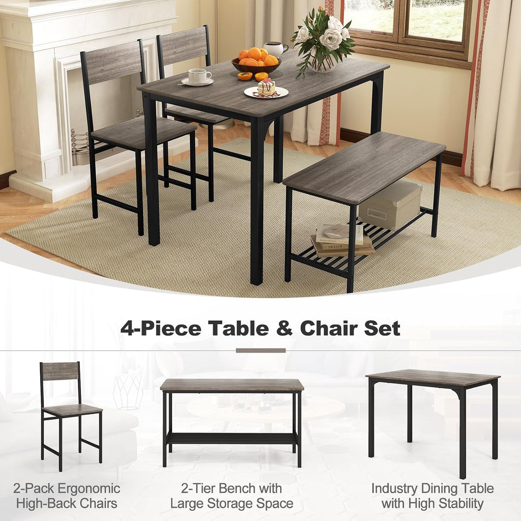 Giantex Dining Table Set for 4, Kitchen Table with Bench and Chairs, Industrial Gathering Bench Dining Set W/Metal Frame & Storage Rack, Dinette Set, Modern Functional Desk Set (Grey)