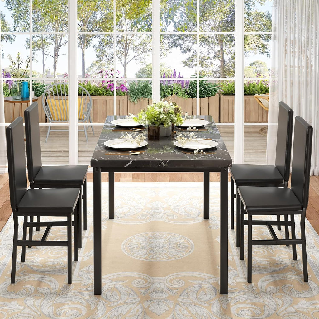 Hooseng Dining Table Set for 4, Modern Faux Marble Kitchen Table with 4 PU Leather Chairs, 5 Piece Dining Room Sets for Dinette, Breakfast Nook, Black
