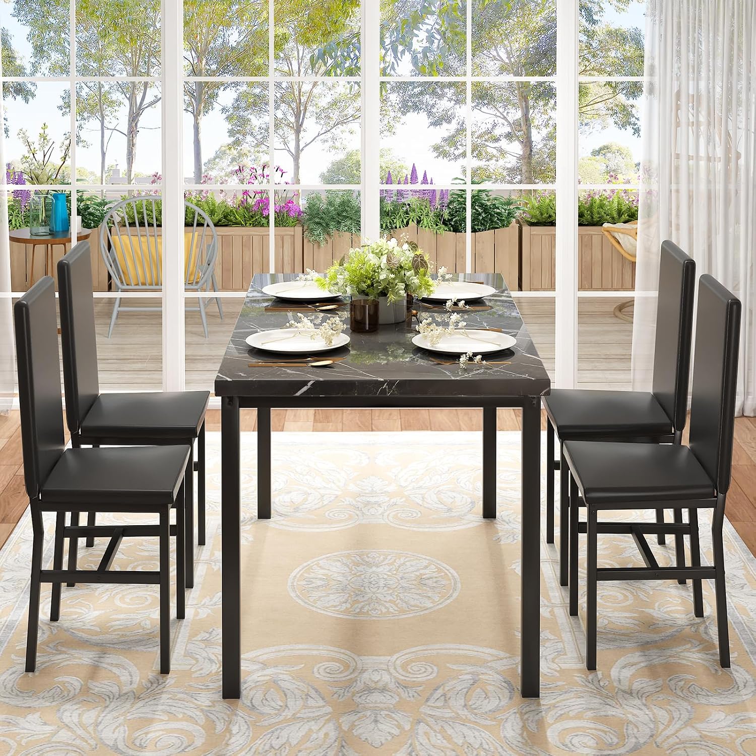 Hooseng Dining Table Set for 4, Modern Faux Marble Kitchen Table with 4 PU Leather Chairs, 5 Piece Dining Room Sets for Dinette, Breakfast Nook, Black