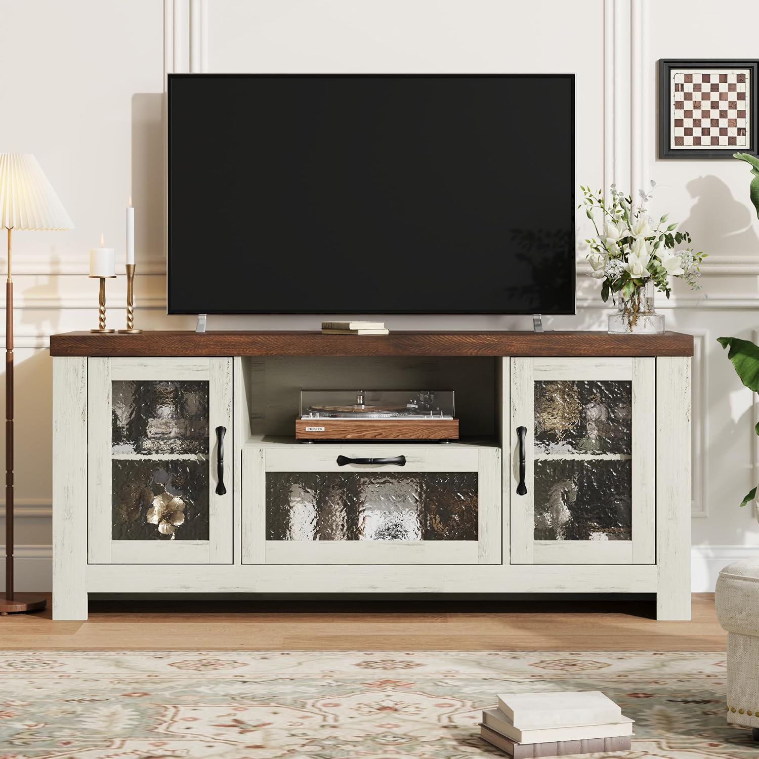 IDEALHOUSE TV Stand for 65 Inch TV, Farmhouse Entertainment Center with Acrylic Door Storage Cabinet & Adjustable Shelves, TV Console Table for Living Room Bedroom, White & Brown