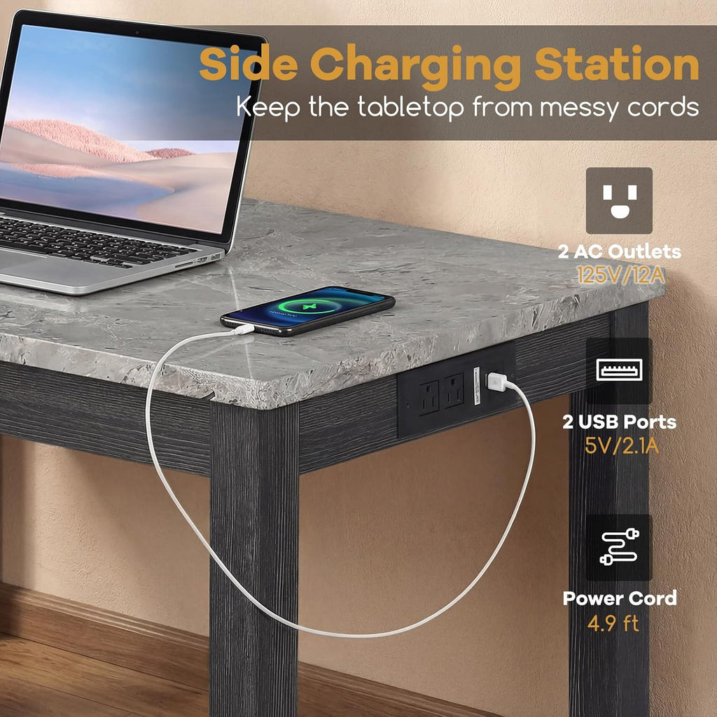 COSTWAY 3-Piece Bar Table Set with Charging Station, Modern Counter Height Breakfast Table w/Faux Marble Top & 2 Padded Stools, Wooden Console Table Set for Living Room, Kitchen, Dining Room (Gray)