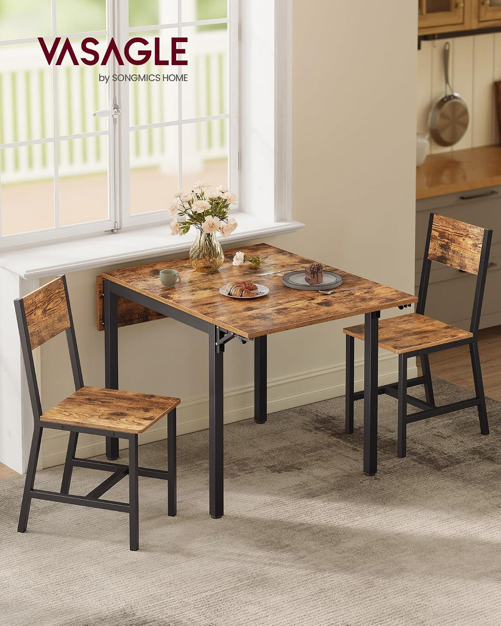 VASAGLE Extendable Dining Set, Dining Table with 2 Chairs, for Kitchen, 33.3-47.3 Inches Wide, Steel Frame, Rustic Brown and Ink Black LDC092B01V1-03