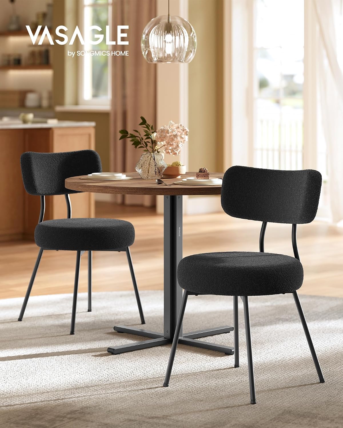 VASAGLE Dining Table Set, Round Dining Table with 2 Upholstered Kitchen Chairs, for Small Spaces, Kitchen, Living Room, Steel Frame, Modern Style, Somber Walnut and Ink Black UZH2507009