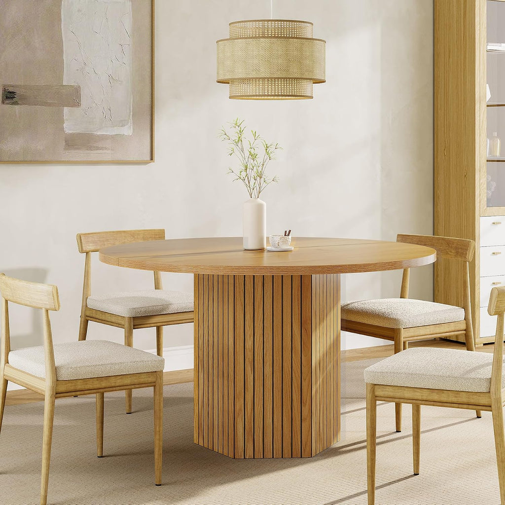 Tribesigns Wood Round Dining Table for Kitchen Room, 47 inch Dinner Table for 4 People with Heavy Duty Pedestal Base Circle Oak Tabletop for Kitchen Living Room, Natural Oak