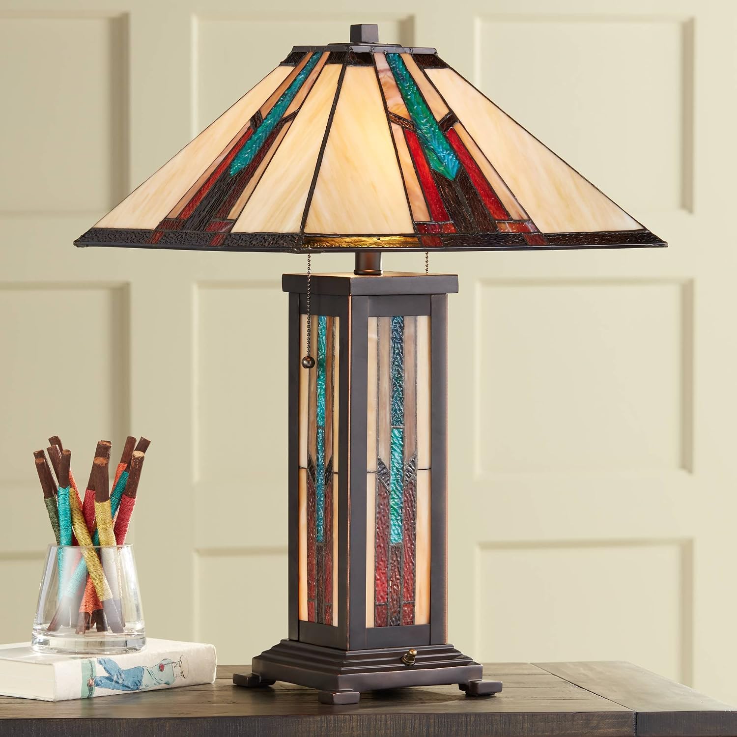 Robert Louis Tiffany Ranier Mission Tiffany Style Table Lamp with Nightlight 25' High Bronze Brown Antique Stained Art Glass for Cottage Core Living Room Bedroom House Bedside Nightstand Home Family