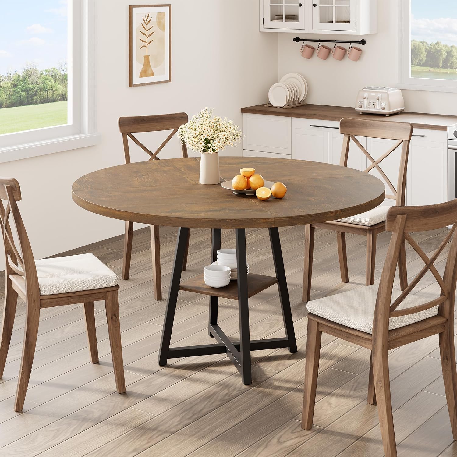 Garvee 47.2 in Round Dining Table for 4-6 People, Industrial Round Kitchen Table with Sturdy Metal Pedestal Base & Storage Shelf, Circle 4 Dinner Table for Dinner, Kitchen, Dining Room