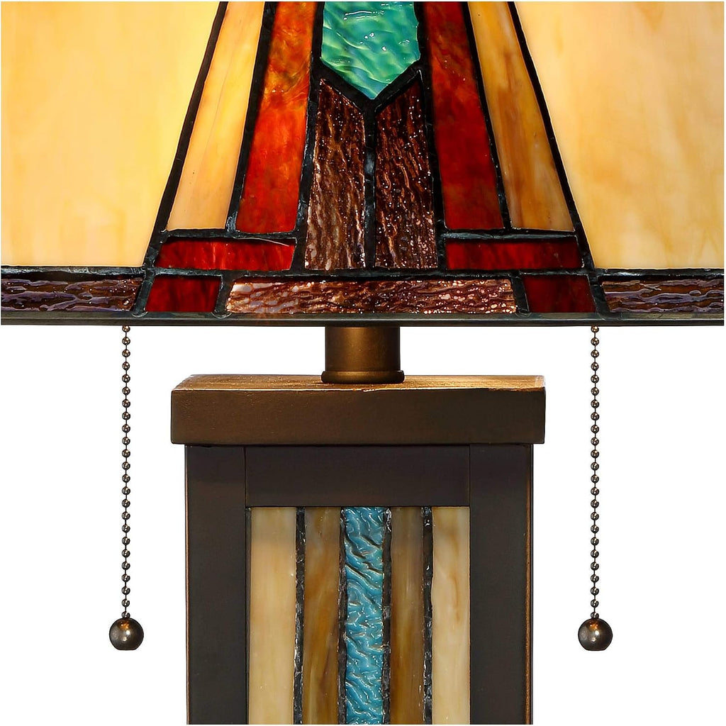 Robert Louis Tiffany Ranier Mission Tiffany Style Table Lamp with Nightlight 25' High Bronze Brown Antique Stained Art Glass for Cottage Core Living Room Bedroom House Bedside Nightstand Home Family