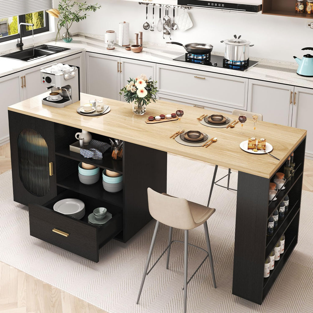 HSH 72' Rolling Kitchen Island with Seating, 360° Swivel Table, Kitchen Island with Storage Cabinet, Drawer & Shelves, Farmhouse Mobile Island Cart on Wheels for Dining Room & Home Bar, Black Oak
