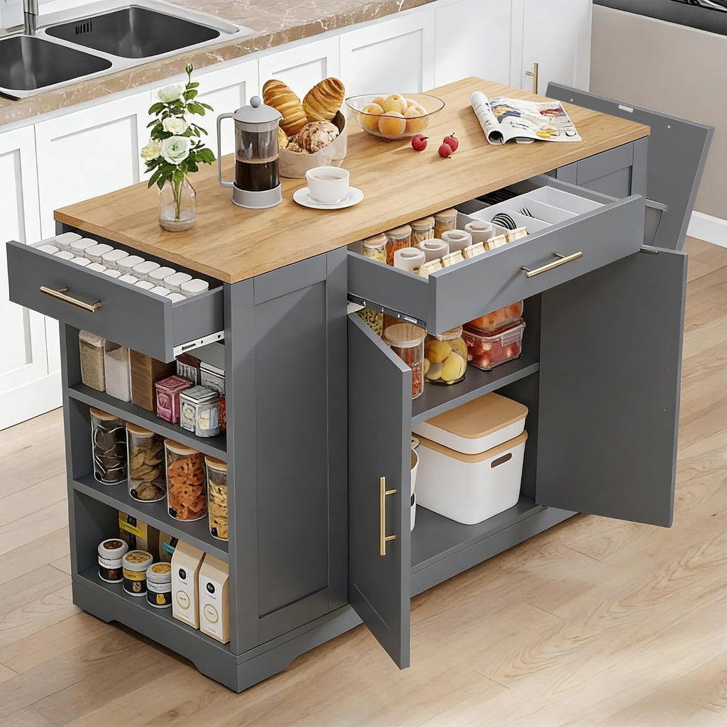 YITAHOME 53 inch Large Rolling Kitchen Island with Trash Can Storage Cabinet, Portable Mobile Islands Table Long Floating Movable w Wheels Cabinet for 13 Gallon Garbage Bin 2 Drawer, Grey