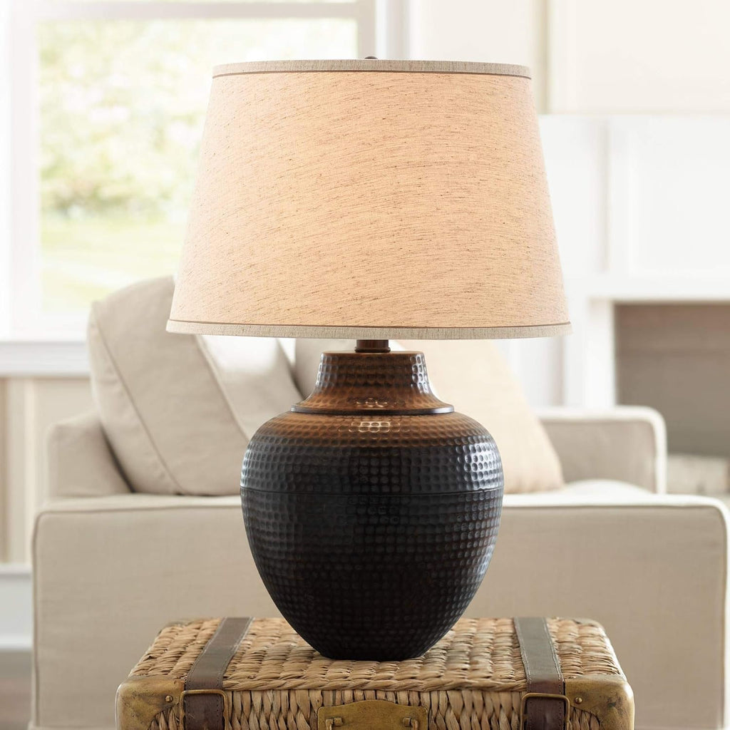 Barnes and Ivy Brighton Rustic Farmhouse Table Lamp 27 1/4' Tall with USB Dimmer Bronze Hammered Pot Beige Fabric Drum Shade for Bedroom Living Room House Home Bedside Nightstand Office Family