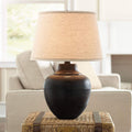 Barnes and Ivy Brighton Rustic Farmhouse Table Lamp 27 1/4' Tall with USB Dimmer Bronze Hammered Pot Beige Fabric Drum Shade for Bedroom Living Room House Home Bedside Nightstand Office Family