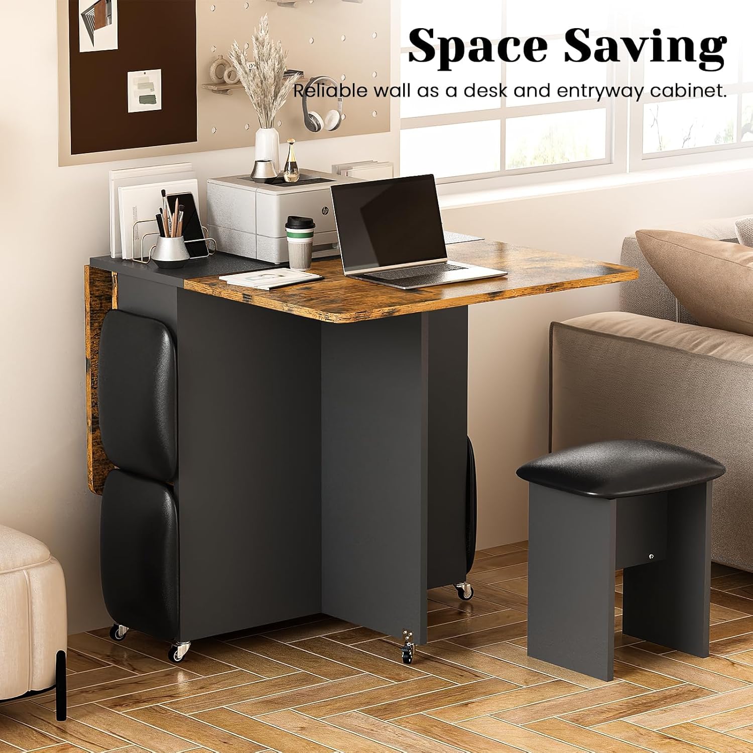 AWQM Foldable Dining Table Set for 4,Folding Dining Table with 4 Leather Chairs & Storage,Drop Leaf Dinner Table with 6 Wheels,Folding Kitchen Table and Chairs Set for Small Spaces,Walnut