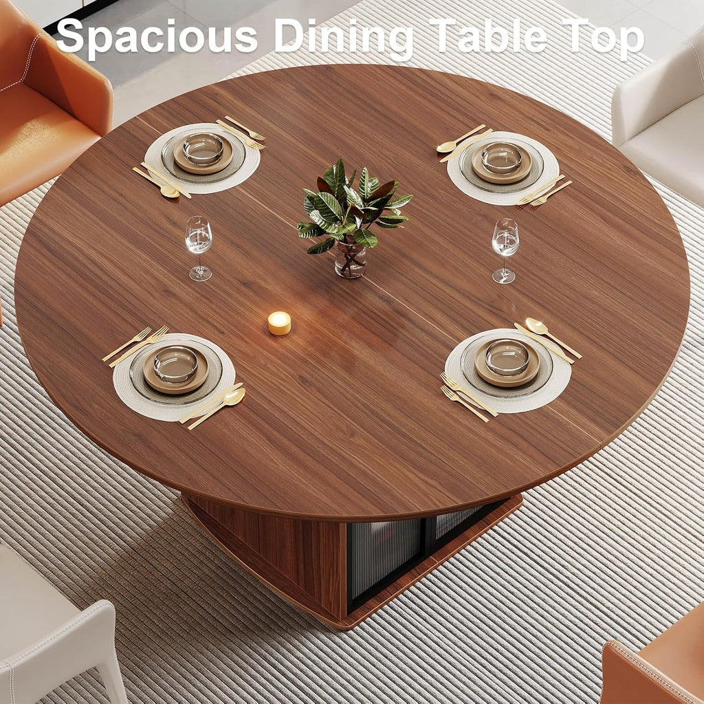 IBF 47' Round Dining Table for 4-6, Circle Kitchen Table with Storage Shelf, Circular Dining Room Tables with Fridge Space, Wood Dinner Tables for Home Kitchen, Walnut (Only Table)