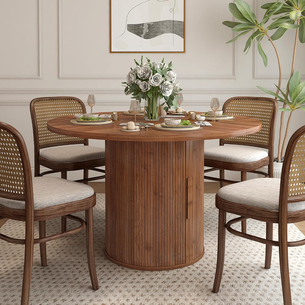 weselon 47 inch Round Dining Table for 4, Kitchen Table Dinner Table with 2-Layer Storage Shelf and Wood Slide Door for Home Dining Room Living Room (Walnut)