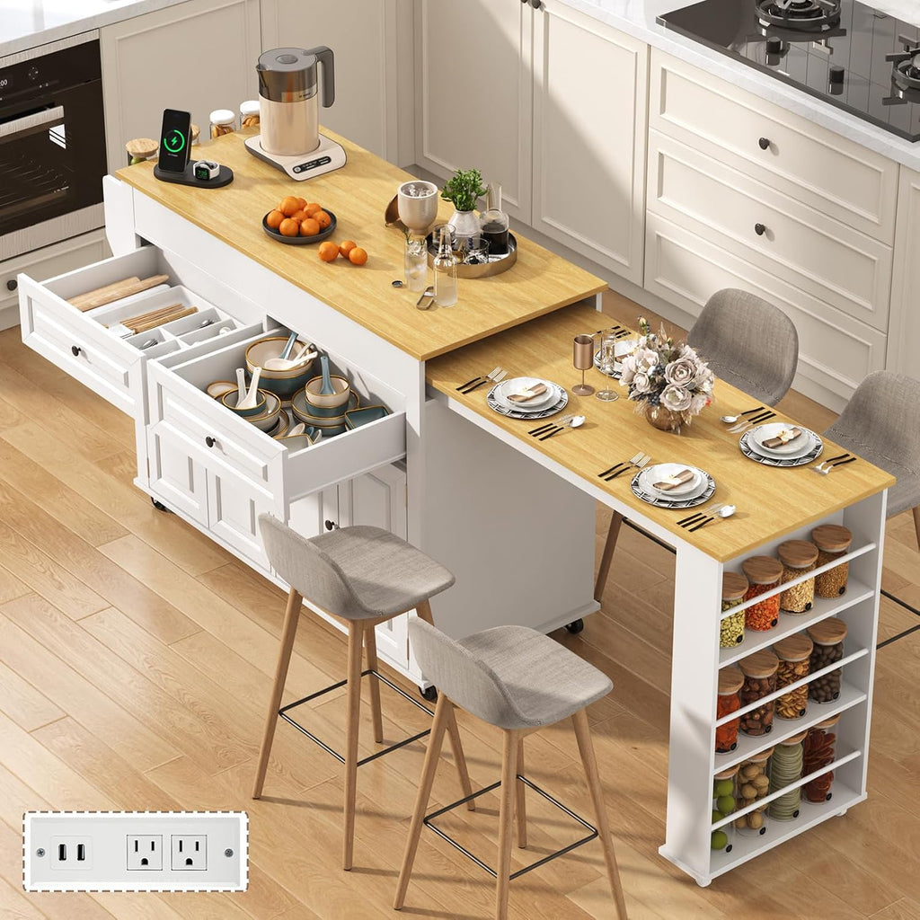 80'-48' Extendable Kitchen Island with Extended Dining Table and Power Outlet,Large Mobile Kitchen Storage Islands with 2 Storage Drawers,Rolling Islands Cart with 3 Extra Rows Open Shelves(White)