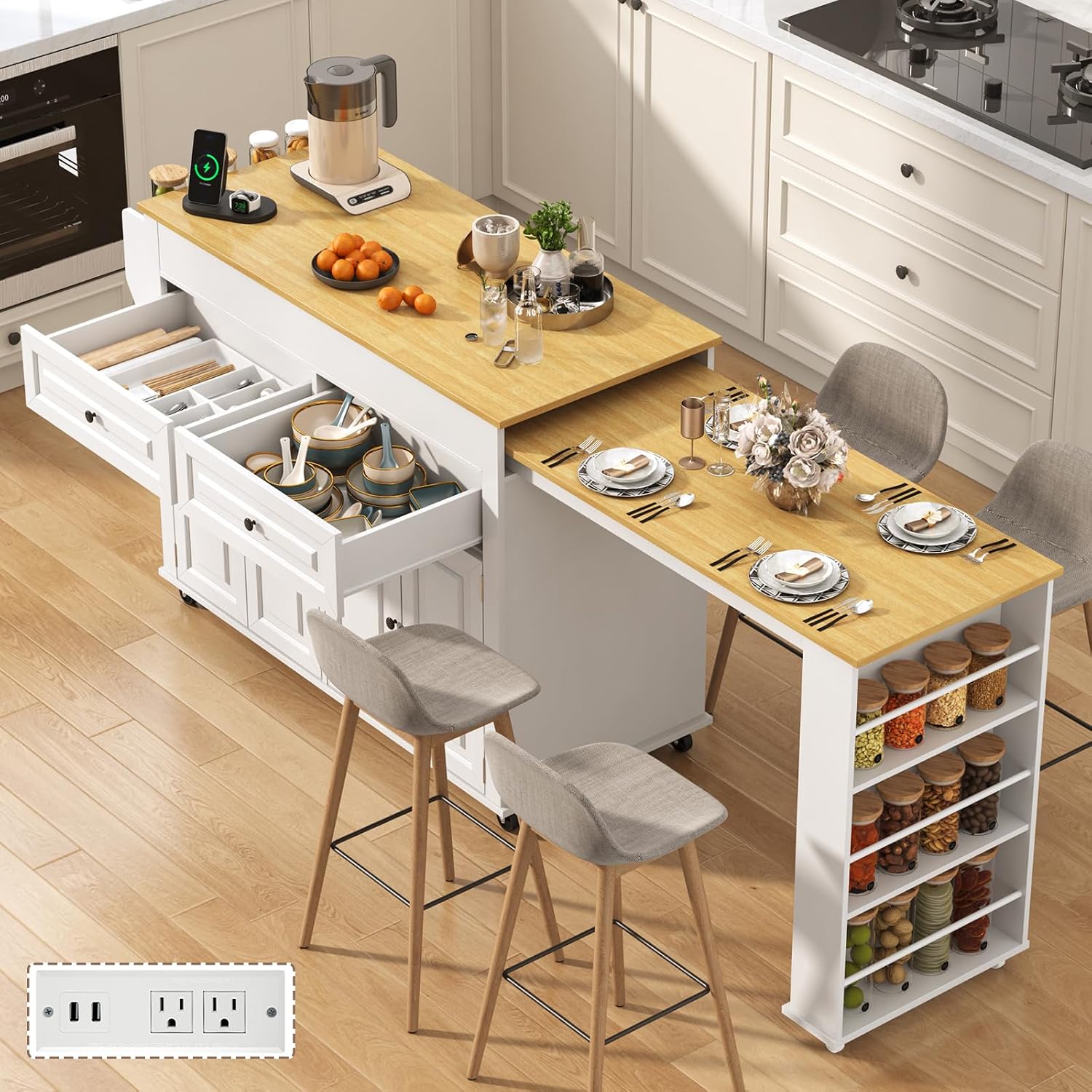 80'-48' Extendable Kitchen Island with Extended Dining Table and Power Outlet,Large Mobile Kitchen Storage Islands with 2 Storage Drawers,Rolling Islands Cart with 3 Extra Rows Open Shelves(White)