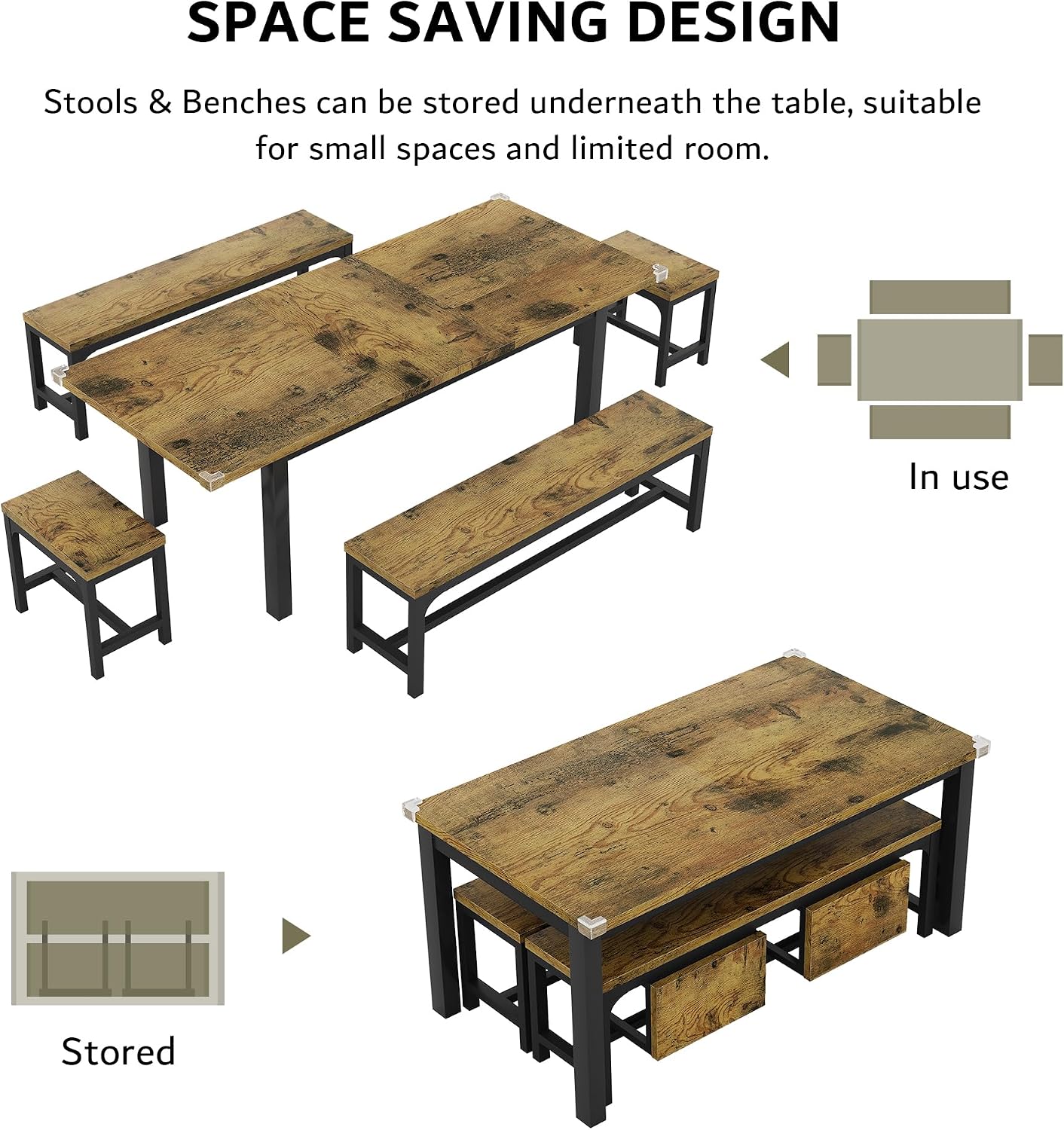 iPormis 5-Piece Dining Table Set for 4-8 People, Extendable Kitchen Table Set with 2 Benches and 2 Square Stools, Mid-Century Dining Room Table with Metal Frame & MDF Board, Saving Space, Rustic Brown