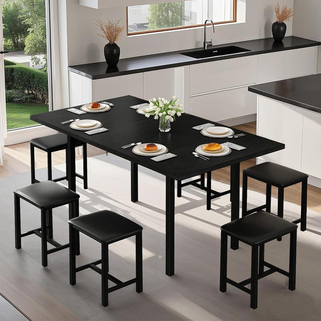 VECELO 7-Piece Dining Table Set with 6 Square Stools, 63' Expandable Kitchen Table with USB Charging & Metal Frame for 2/4/6, Wood Dinette Perfect for Small Spaces, Easy Assembly, Black