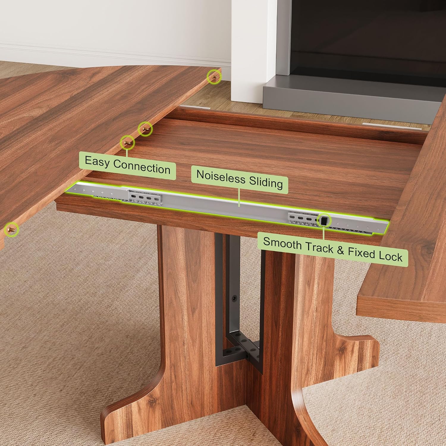 Feonase 59' Round Extendable Dining Room Table for 4-6, Modern Oval Kitchen Table with Heavy Duty Wood Base, Metal Frame Support, for Dining Kitchen Living Room, Easy Assembly, Noise-Free, Walnut