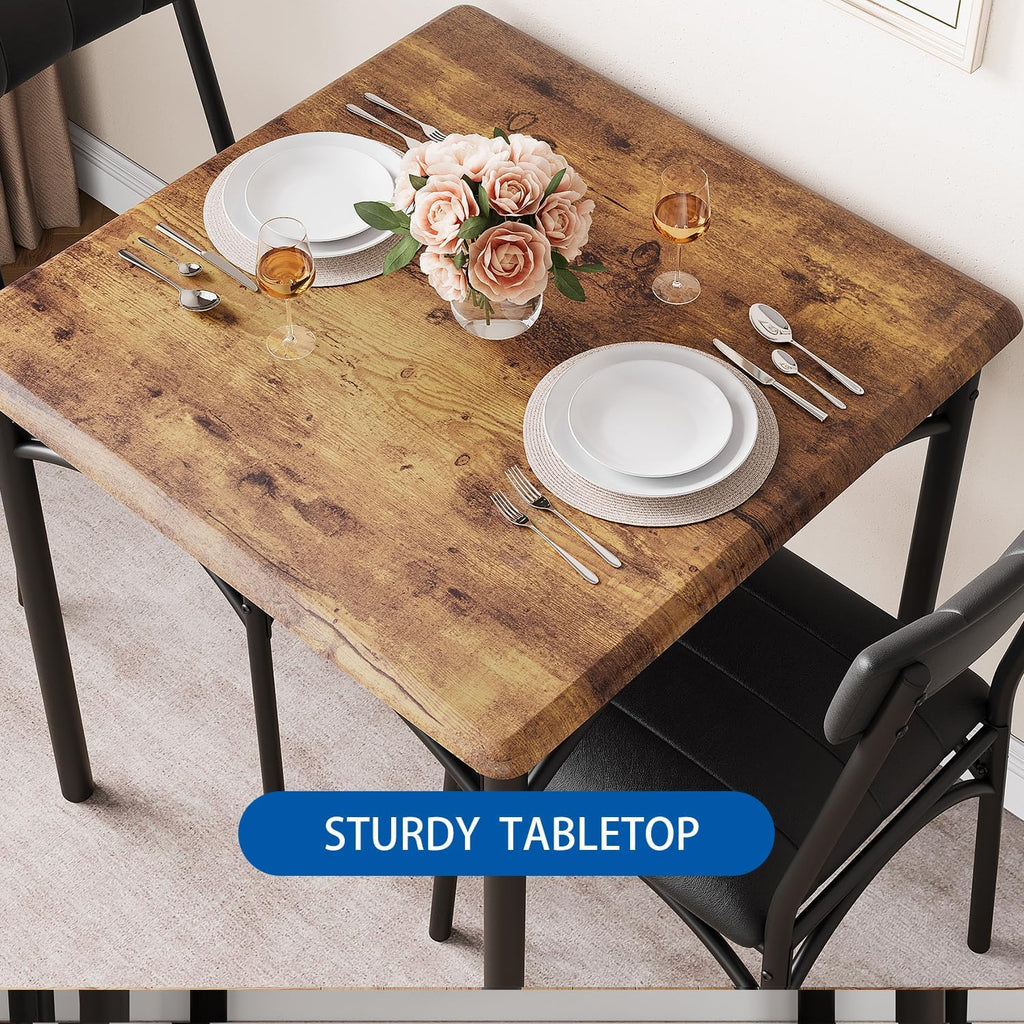 IDEALHOUSE Dining Table Set for 2, Kitchen Table and Chairs for 2 with Upholstered Chairs, 3 Piece Square Kitchen Table Set, Dining Room Table Set for Small Space, Apartment, Retro Brown