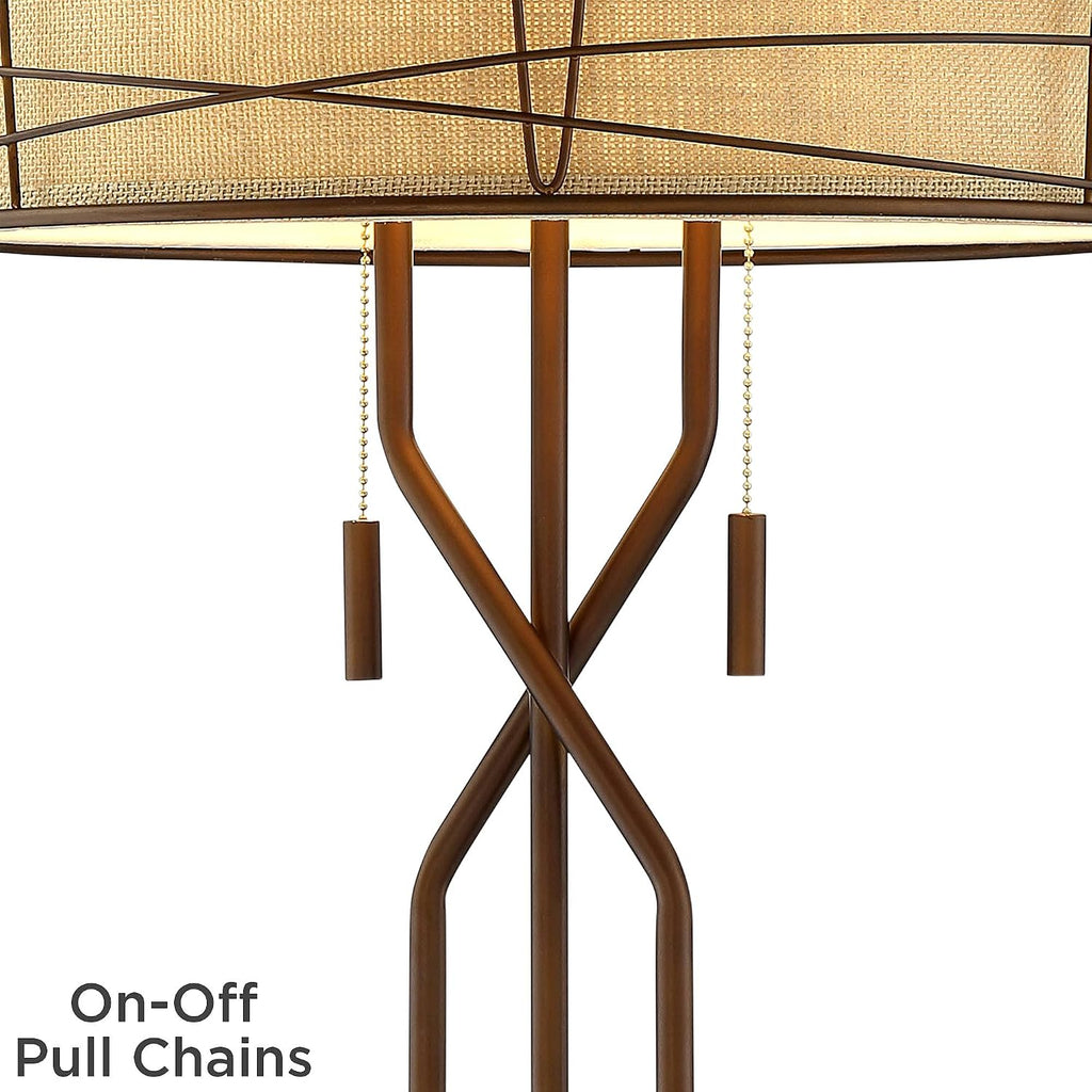 Franklin Iron Works Marlowe 28 3/4' Tall Farmhouse Rustic Modern Industrial End Table Lamps Set of 2 Pull Chain Bronze Brown Metal Living Room Bedroom Bedside Nightstand House Office Woven Shade