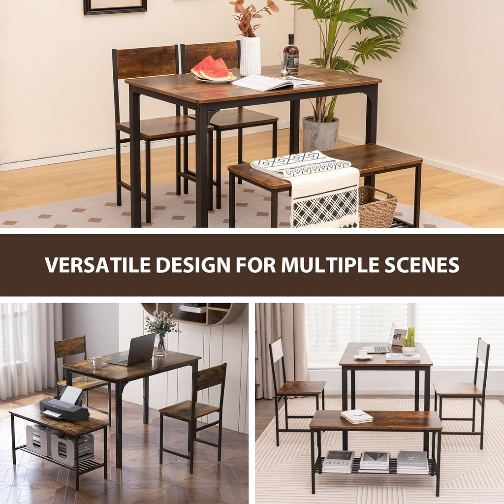 Giantex Dining Table Set for 4, Kitchen Table with Bench and Chairs, Industrial Gathering Bench Dining Set W/Metal Frame & Storage Rack, Dinette Set, Modern Functional Desk Set (Rustic Brown)
