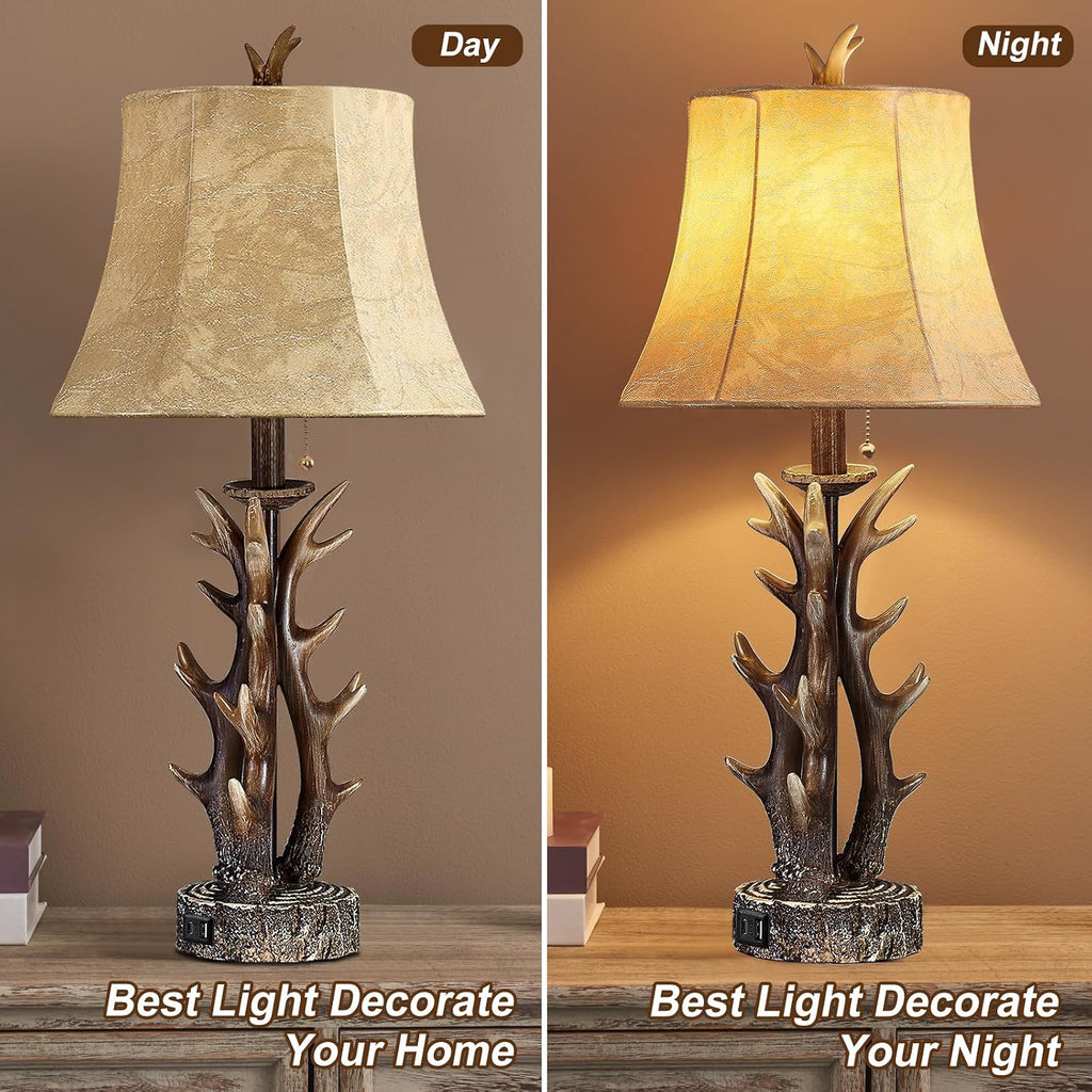 Antler Table Lamps Set of 2 with USB A+C Ports 28' Tall Rustic Farmhouse Deer Bedside Lamps with Faux Leather Bell Shade for Bedroom Living Room Office Decor Western Cabin End Table Lamp, Pull Chain