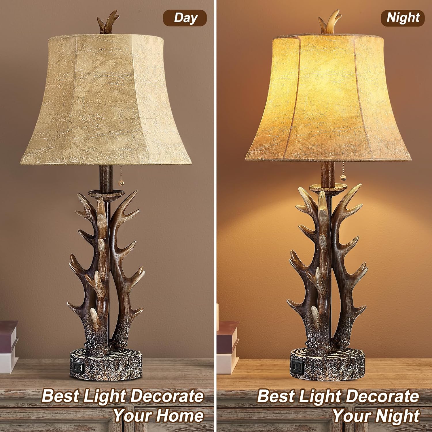 Antler Table Lamps Set of 2 with USB A+C Ports 28' Tall Rustic Farmhouse Deer Bedside Lamps with Faux Leather Bell Shade for Bedroom Living Room Office Decor Western Cabin End Table Lamp, Pull Chain