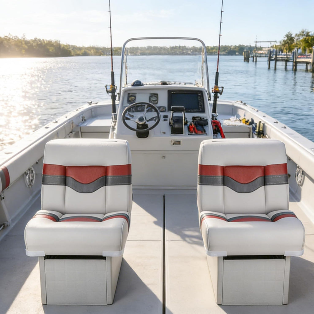 Back to Back Boat Seat, NORTHCAPTAIN 3-in-1 Convertible Lounge Chair Folding L-Shape Deck Seat with Marine-Grade Vinyl for Fishing Boat Bass Boat Jon Boat, Light Grey/Charcoal/Wine Red