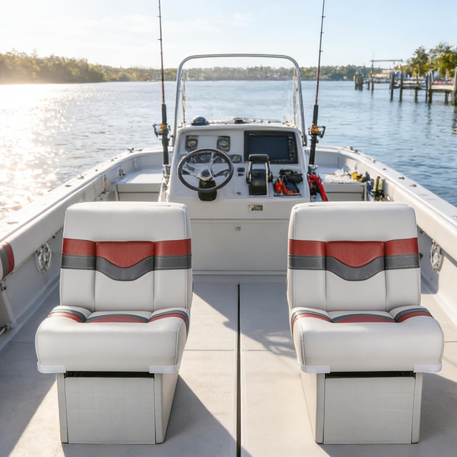 Back to Back Boat Seat, NORTHCAPTAIN 3-in-1 Convertible Lounge Chair Folding L-Shape Deck Seat with Marine-Grade Vinyl for Fishing Boat Bass Boat Jon Boat, Light Grey/Charcoal/Wine Red