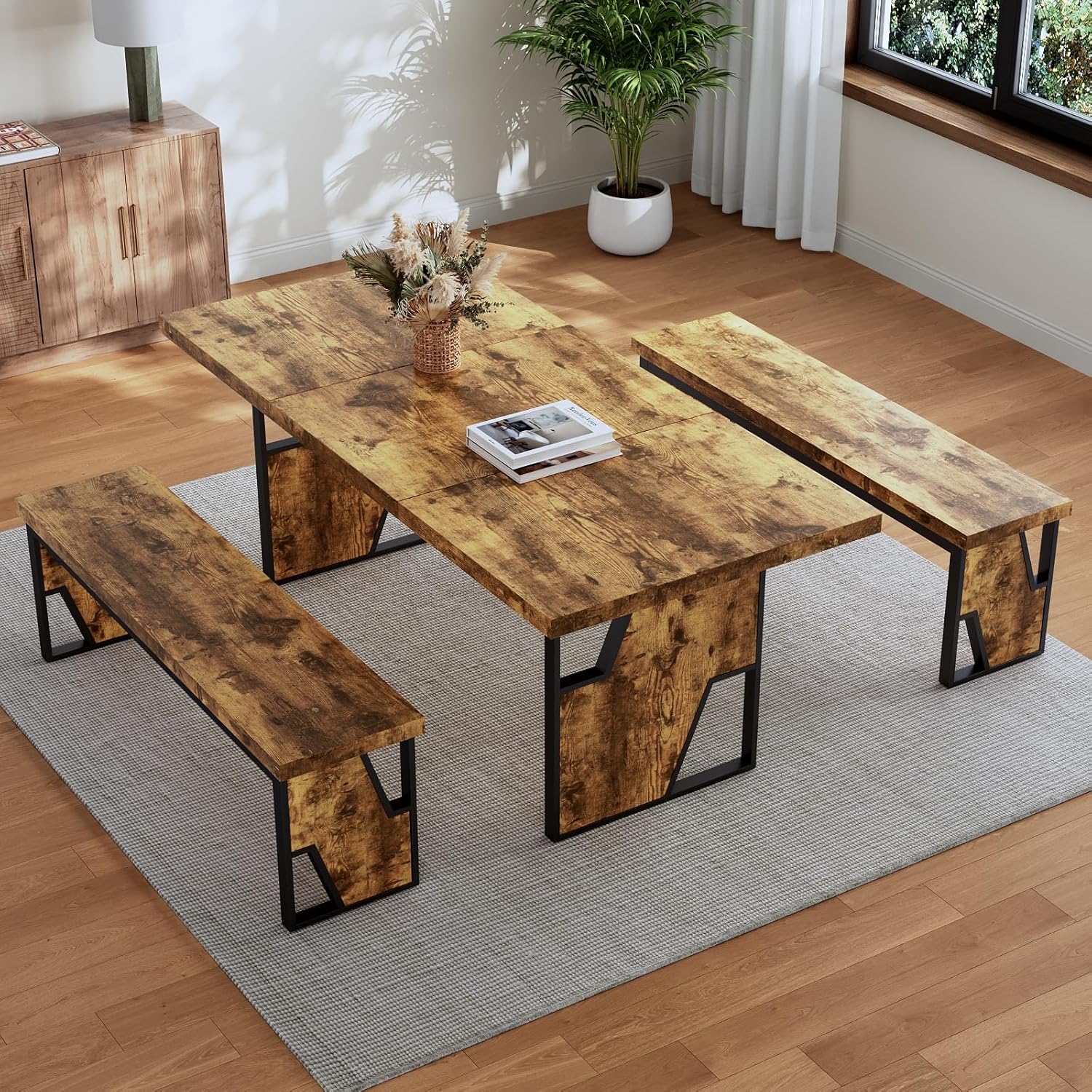 HIPIHOM 70.8' Wooden Dining Table with 2 Benches, Modern Kitchen Table and Chairs Set for 4-6 Person, Thickened MDF Wooden Table with Dining Bench for Living Dining Room, Kitchen, Office