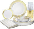 ' OCCASIONS ' 840pcs set (120 Guests)-Heavyweight Wedding Party Disposable Plastic Plate Set-120 x 10.5'' + 120 x 6.25'' + Gold Silverware + Cups + Napkins (Linen White & Gold)