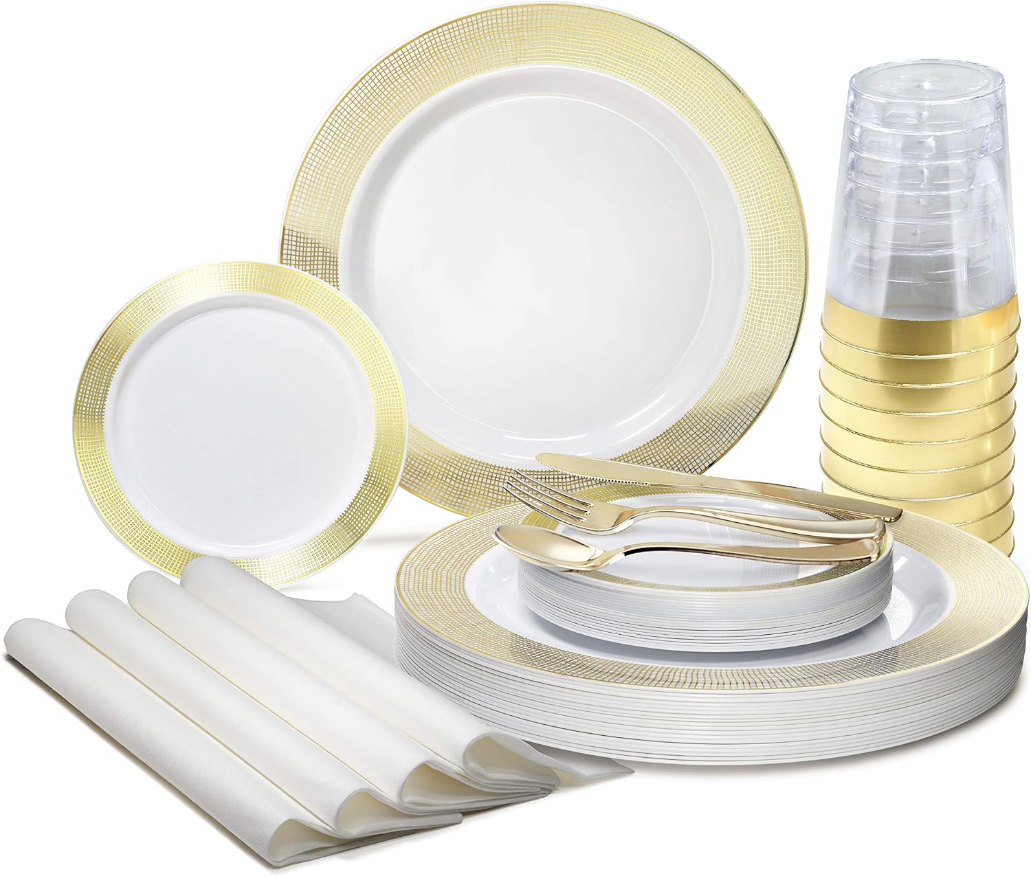 ' OCCASIONS ' 840pcs set (120 Guests)-Heavyweight Wedding Party Disposable Plastic Plate Set-120 x 10.5'' + 120 x 6.25'' + Gold Silverware + Cups + Napkins (Linen White & Gold)