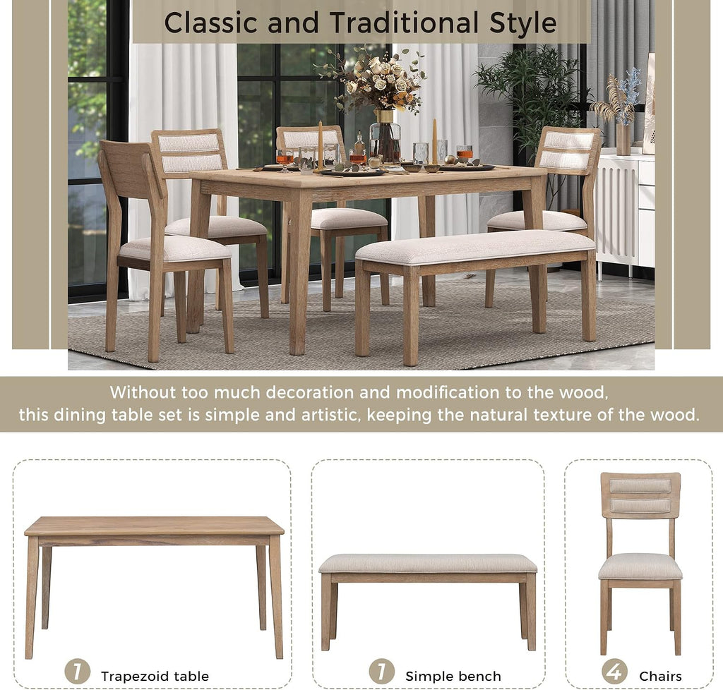 Merax 6-Piece Farmhouse Dining Table Set for 6, Solid Wood Rectangle Kitchen Table with 4 Upholstered Chairs & 1 Bench, Rustic Dining Room Set- Natural Wood Wash