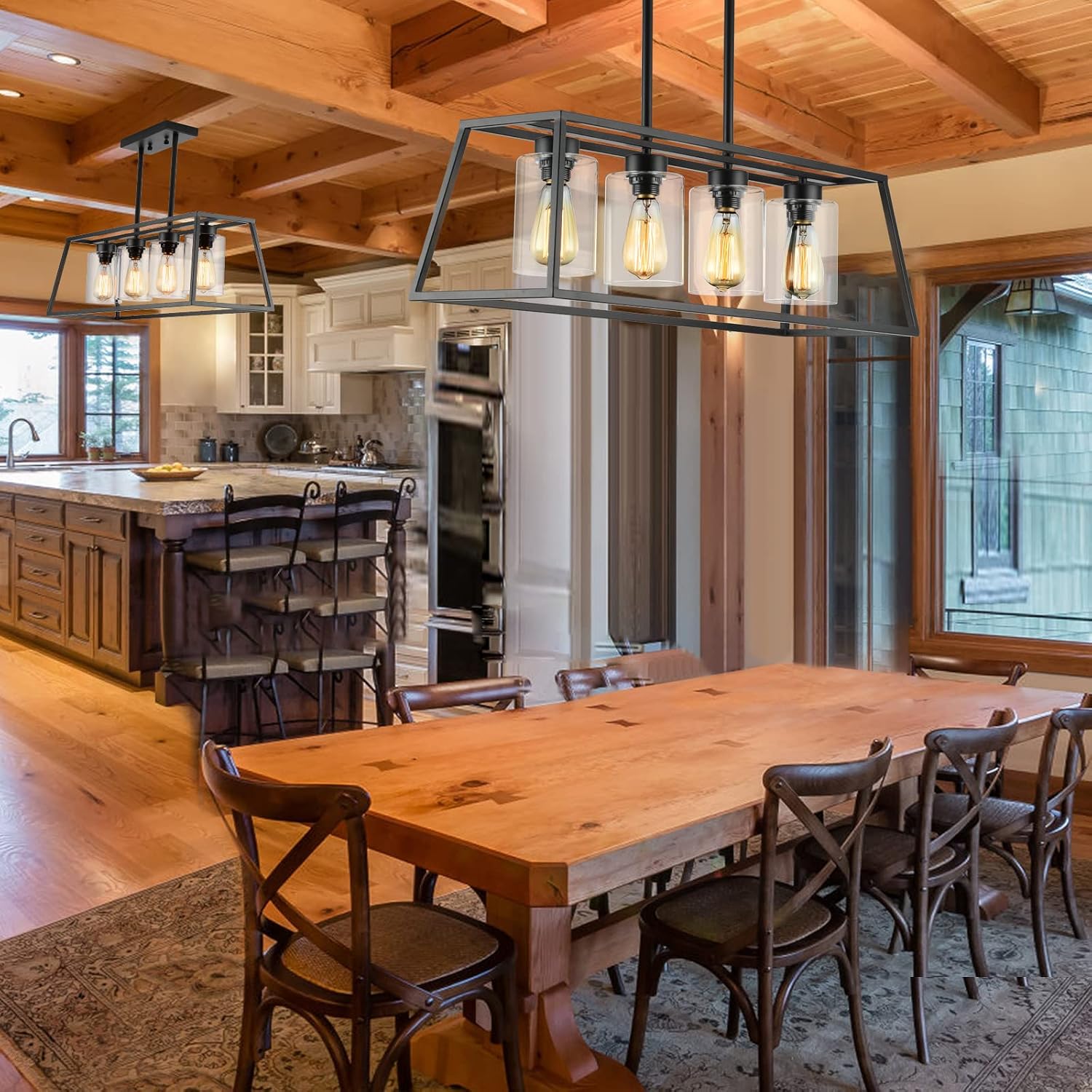 Black Farmhouse Chandeliers for Dining Room, Rustic Kitchen Island Light Fixture, 4-Lighting Linear Pendant Lamp Kitchen Island with Glass Shade ，Apply to Dining Room Light fixtures Over Table