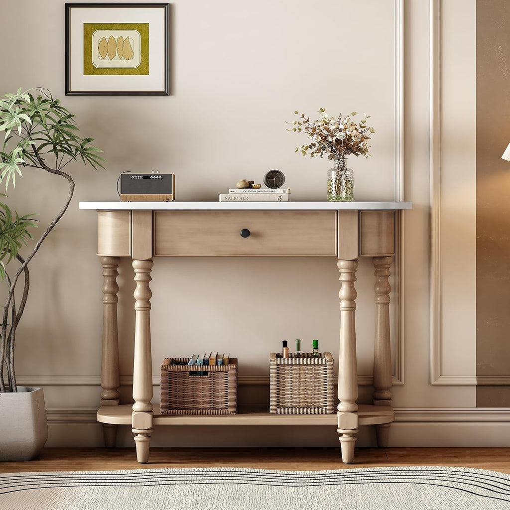 LKTART Small Corner-Curved Console Table,Farmhouse Entryway Table with Solid Wood Frame and Legs,Sofa Table with Drawer &Open Shelf for Behind Couch,Living Room,Hallway,Foyer(Beige+White 36')