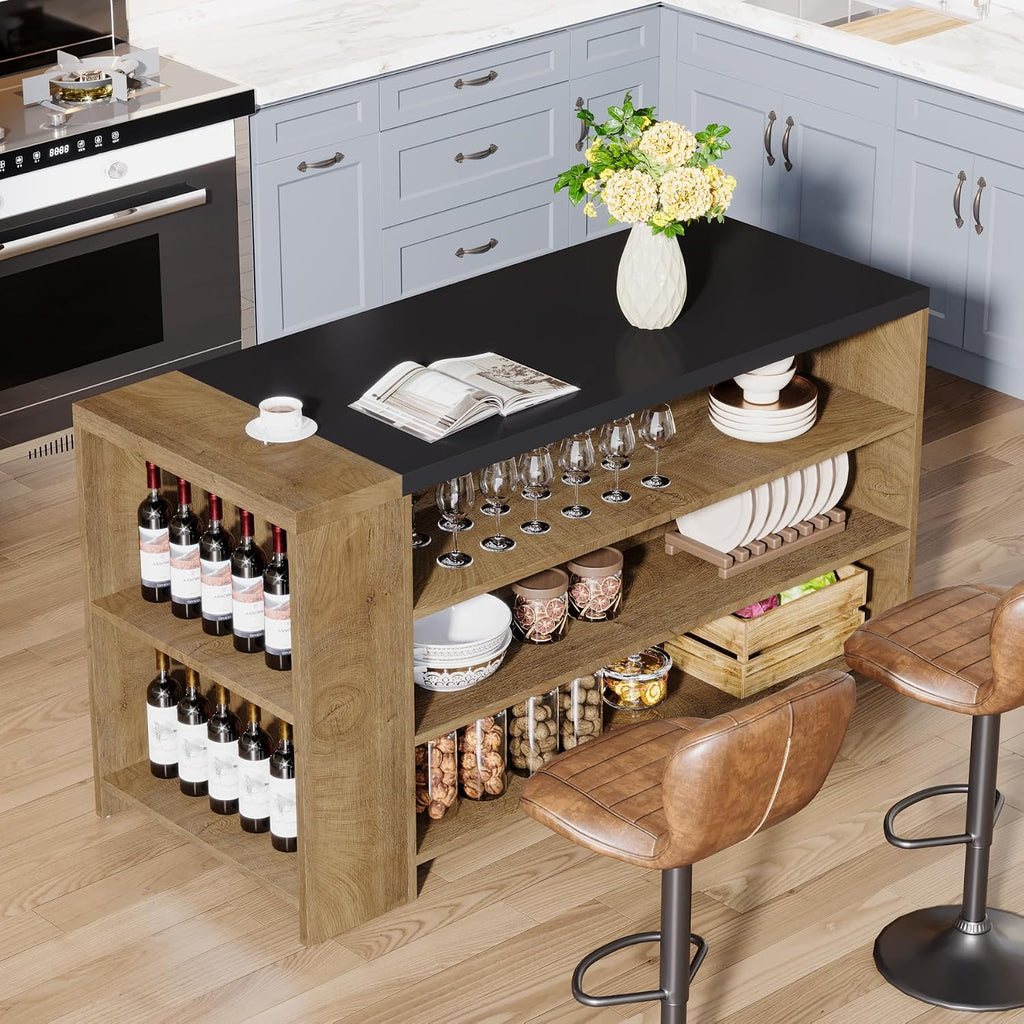 Tribesigns 55' Kitchen Island with Storage, Farmhouse 5-Tier Stationary Island Table with 5 Shelves, Wood Coffee Bar Table Storage Cabinet with Large Countertop for Kitchen, Vintage Brown